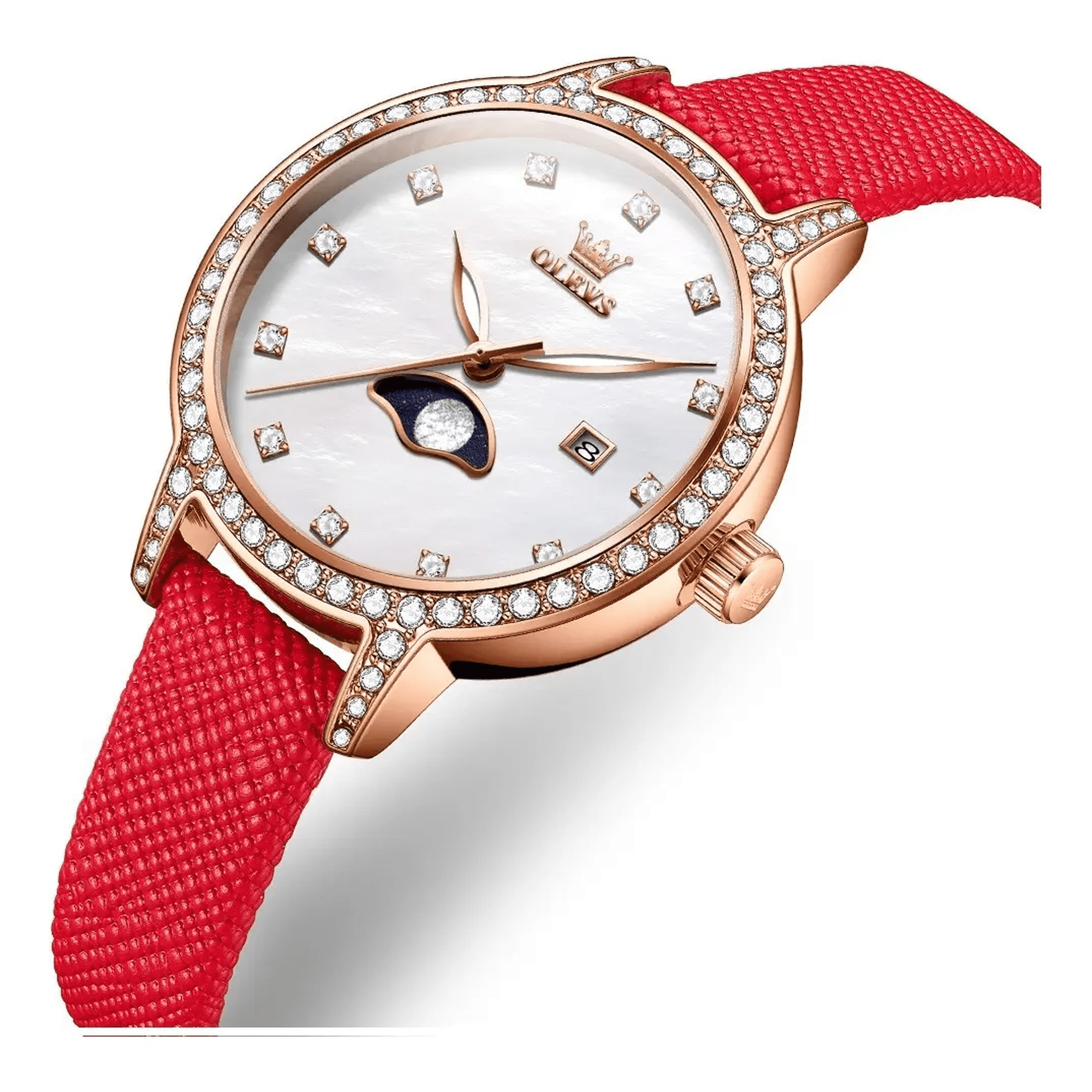 Reloj Belug De Pulsera Mujer Elegante Con Fase Lunar Y Correa Cuer Rojo Rojo Blanco