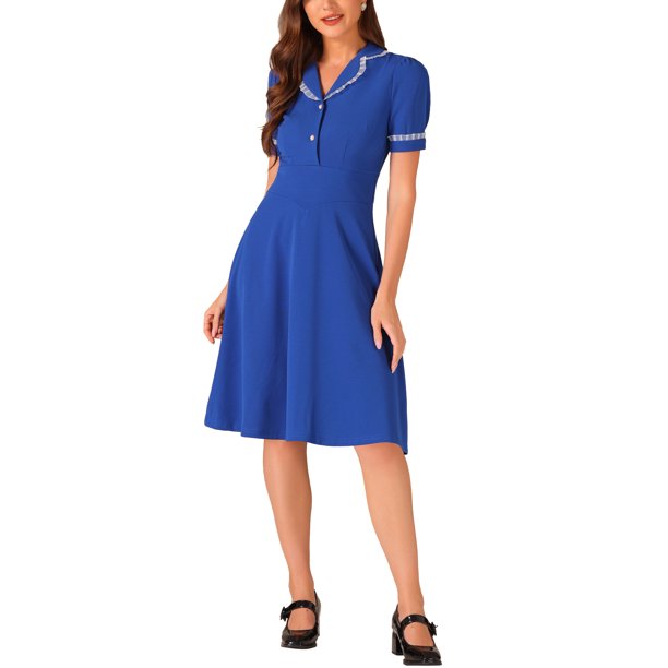INSPIRE CHIC Vestido Vintage Midi para Mujeres de Regreso a Clases 2024 Trabajo Vestidos con Cuello Peter Pan L Azul Real