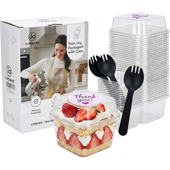 Pack de 60 vasos cuadrados de plástico para postres de 8,5 oz con tapas y cucharas
