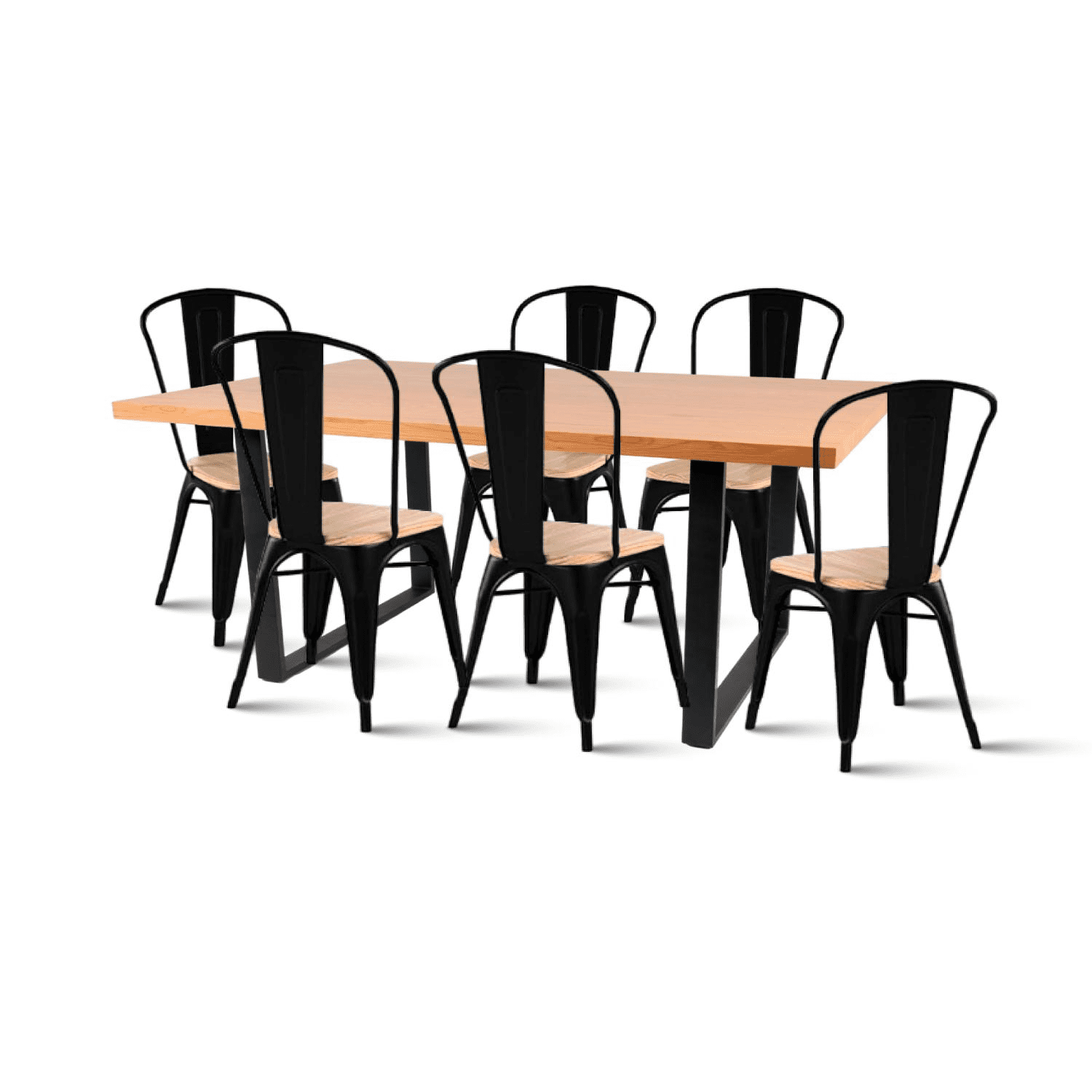 Klik Muebles - Comedor Industrial 140x90 Madera Clara + 6 Sillas Tolix Negras Con Asiento De Madera Clara