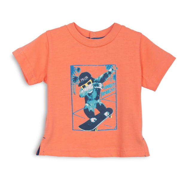 Polera Bebé Niño Manga Corta Estampado Mono Skater Naranjo Pillin