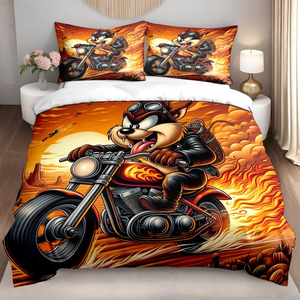 3pcs Bedding set Cartoon Biker Flame Motorcycle Print Duvet Cover Set | Polyester Digital Printing