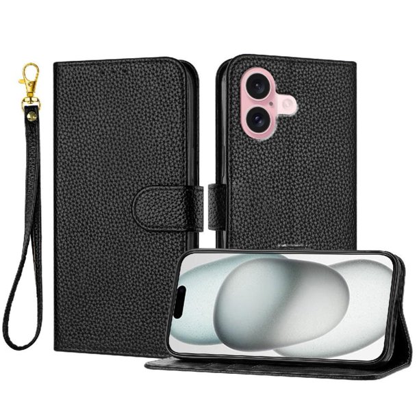 Funda Cartera para iPhone 16 Tarjetero Soporte Magnético y Correa Negro