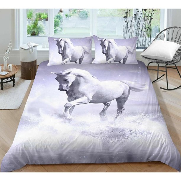 White Steed Horse Animal Quilt Duvet Cover Set Kids Soft Bedspread Children3-Piece Bedding Set