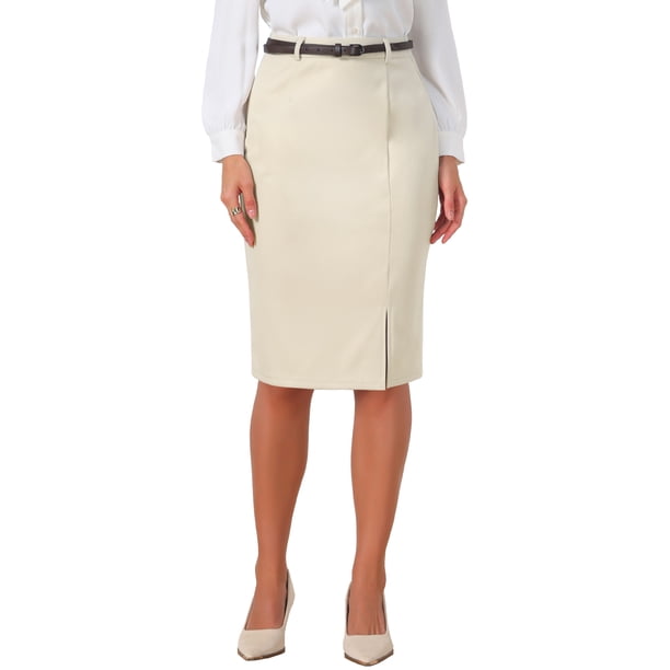 Falda lápiz INSPIRE CHIC para mujer de longitud hasta la rodilla, cintura alta, elegante, para oficina, con cinturón S Apricot