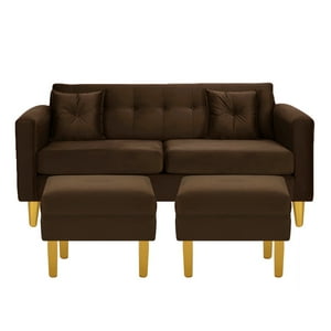 Bodevir - Sofa New Retro 3C + 2 Pouf Felpa 01 Chocolate