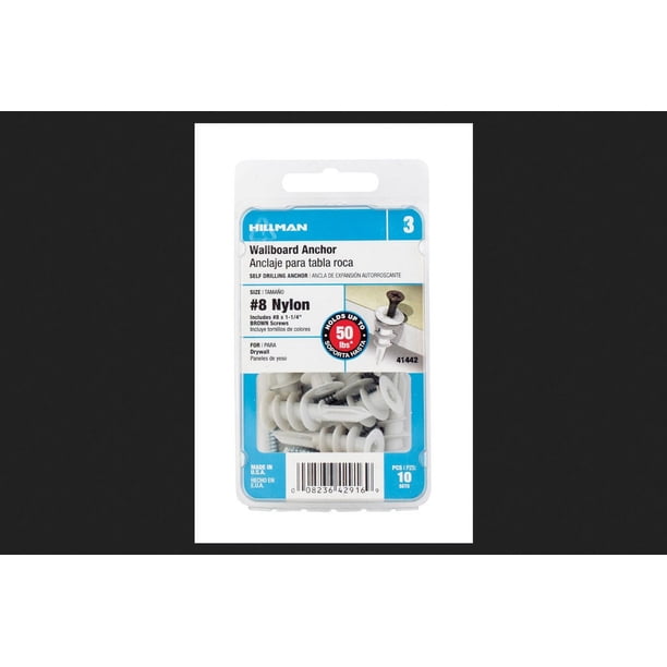 Wallboard Anchors Hillman, 1.164 pulgadas de diámetro x 3.2 cm de largo, nailon, paquete de 10