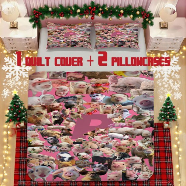 Pig Collage Printed Bedding Set Polyester Fabric Digital Print Zipper Closure