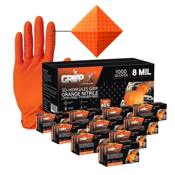 Guantes de nitrilo GRIPXX Herkules Grip Heavy Duty de 8 mil, color naranja