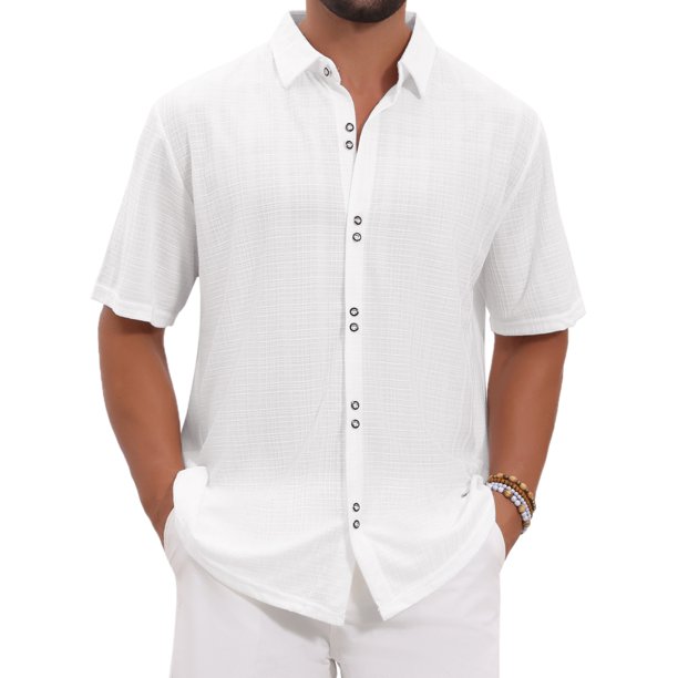 INSPIRE CHIC Camisa de Hombre de Manga Corta con Botones y Textura Sólida Casual de Punto XL Blanco