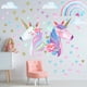 thumbnail image 1 of 3 hojas de pegatinas de pared de unicornio, tamaño grande, diseño de unicornio arcoíris, para decoración de dormitorio infantil, guardería, fiesta de cumpleaños y Navidad., 1 of 7
