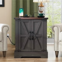 M&Ms - On-Trend Farmhouse End Table With Charging Station, Rustic Wood Nightstand With Adjustable Shelf, 19.6""W Versatile Walnut Sofa Side Table With Barn Doors & Retro Hinges For Bedroom, Living Room, Grey