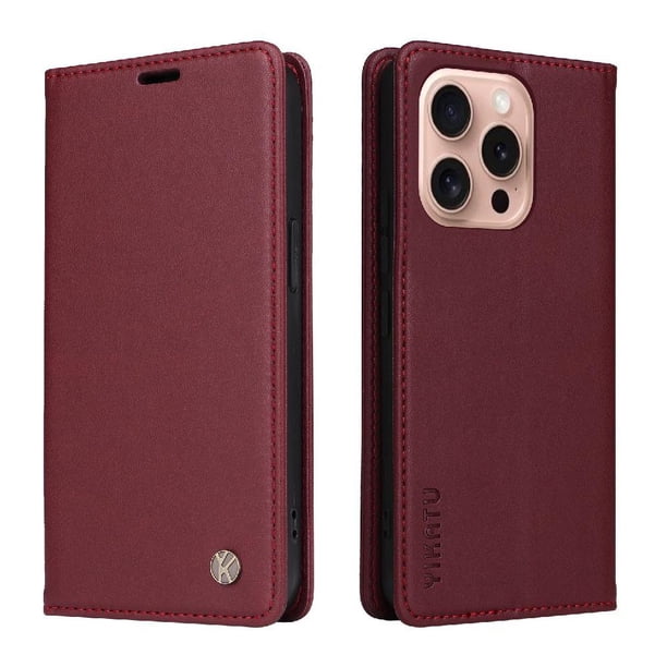 Funda Billetera de Cuero para iPhone 16 Pro con Tarjetero y Soporte - Tapa Magnética Rojo
