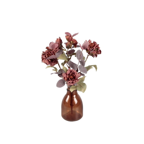 Flor Artificial Peonía Flora Bunda Home Decor, 14 in, Jarrón de Vidrio