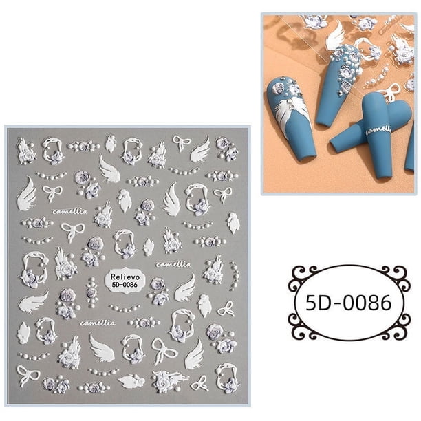 Nail Stickers Embossed 5D Embossed Retro Nail Art Stickers,Angel Flower Wings Manicure Decals