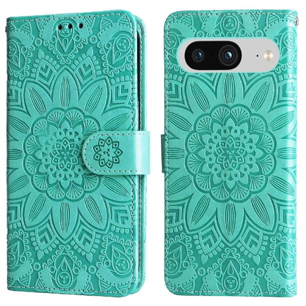 Funda tipo cartera FOXDOCK para Google Pixel 8 , diseño girasol en relieve, cuero PU, cierre magnético, soporte y tarjetero
