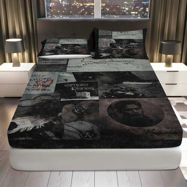 Vintage Dark Gothic Fitted Sheet Three Piece Set Halloween Theme, Vampire Diaries Bedding, Mattress Protector Soft, Breathable