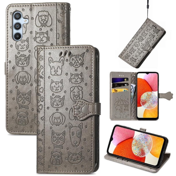 Funda Cartera FOXDOCK para Samsung Galaxy A14 4G , Flip PU con Relieve de Gatos y Perros, Tarjetero y Soporte