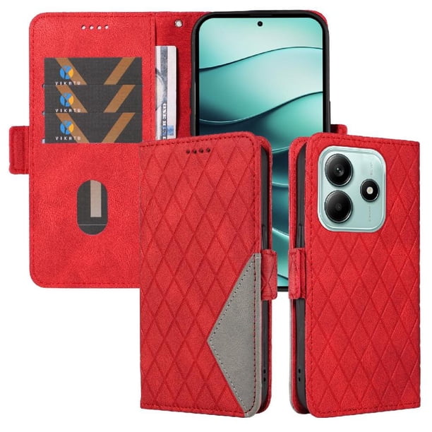 Funda Cartera para Xiaomi Redmi Note 14 5G con Tarjetero Soporte y Correa Rojo