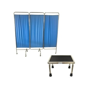Glomed - Pack Biombo Separador Tres Cuerpos + Escabel 1 Peldaño Azul
