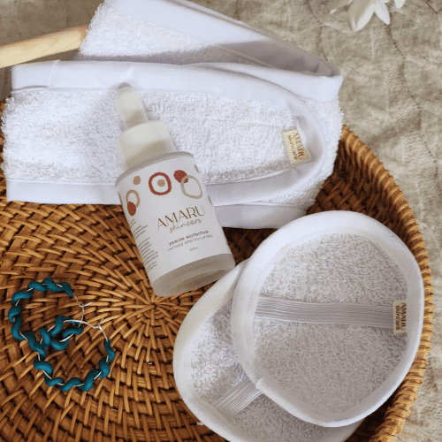 Kit skincare | Eleva tu rutina | Serum facial + pétalos desmaquillantes reutilizables + cintillo skincare de algodón