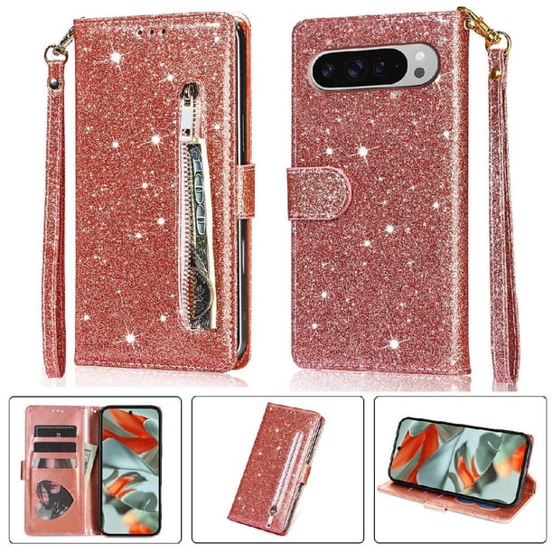 Funda para FOXDOCK Elegante funda Google Pixel 9/9 Pro Glitter con cremallera-Ideal para el uso diario