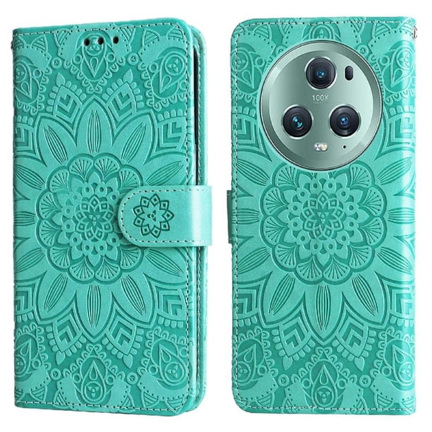 Funda tipo cartera FOXDOCK para Honor Magic 5 Pro , diseño girasol en relieve, cuero PU, cierre magnético, soporte y tarjetero