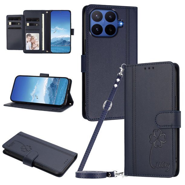 Funda Cartera Trébol para Xiaomi 17T con Ranuras Tarjetas y Carga Inalámbrica Azul oscuro