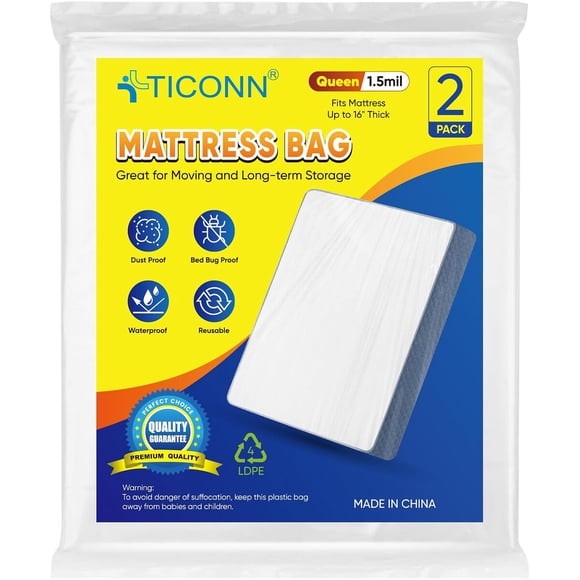 TICONN 2PK Plastic Mattress Bags for Moving, Waterproof Mattress Protector