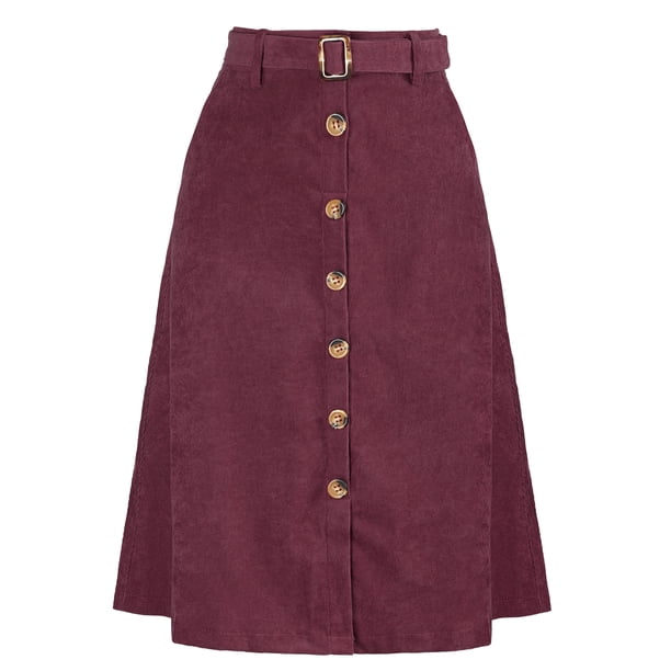 INSPIRE CHIC Falda Midi de Pana de Cintura Alta para Mujer, Línea A, con Botones al Frente, Plisada, con Cinturón y Bolsillos, Burdeos M