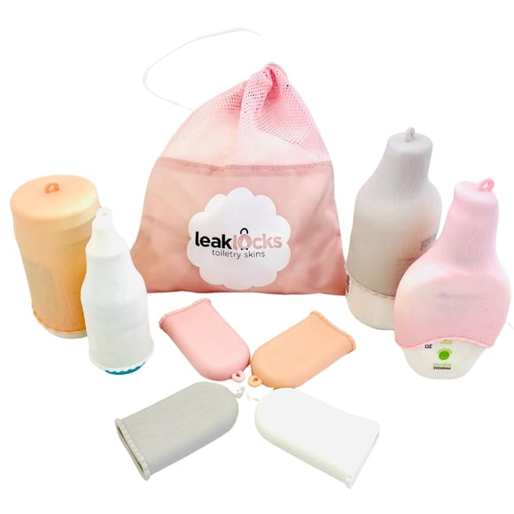 Skins de tocador LeakLocks®, paquete de 4 con bolsa de viaje Rinseroo