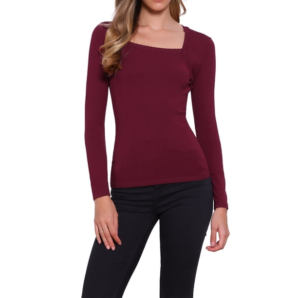INSPIRE CHIC Tops con Cuello Cuadrado para Camisas de Manga Larga para Mujer Camiseta Básica de Moda Otoñal XL Rojo Intenso