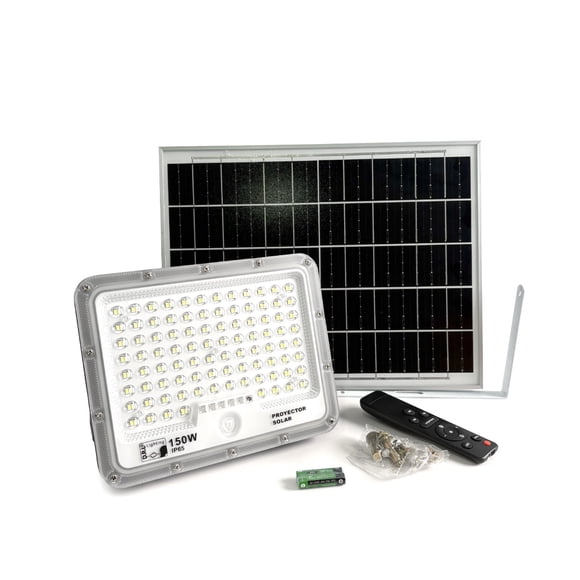 Foco Proyector Solar Led Exterior 150w Fría Ip65 Sensor Gris Blanco Frío