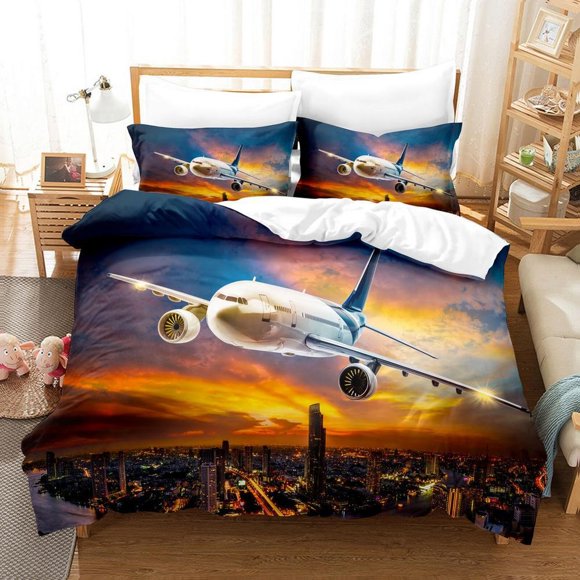 Sunset Sky Plane Quilt Duvet Cover Set Bedclothes Children Kids Doona Cover Soft3-Piece Bedding Set