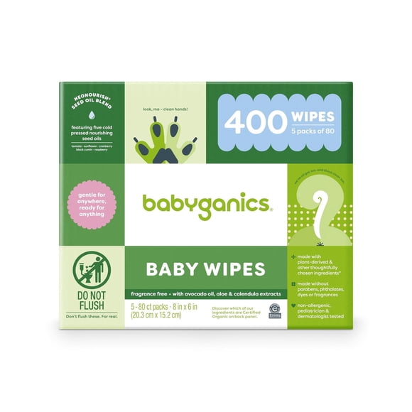 Toallitas húmedas Babyganics sin perfume, 400 unidades, paquetes de 5 x 80