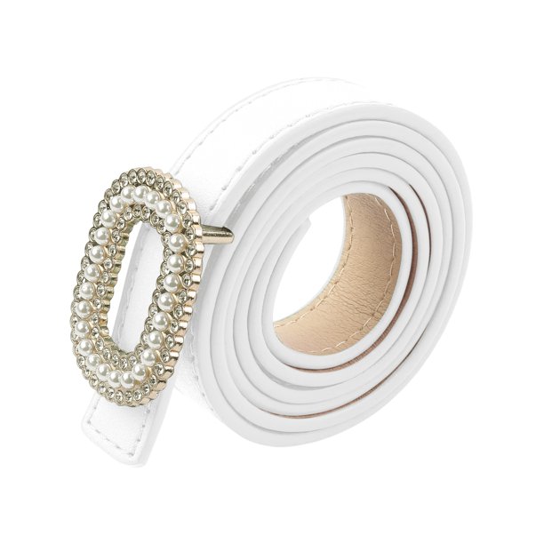 INSPIRE CHIC Cinturón Delgado de Mujer de Cuero Sintético con Hebilla de Perlas y Diamantes de Imitación para Pantalones Vaqueros 103x1.8cm/40.6x0.7" Blanco