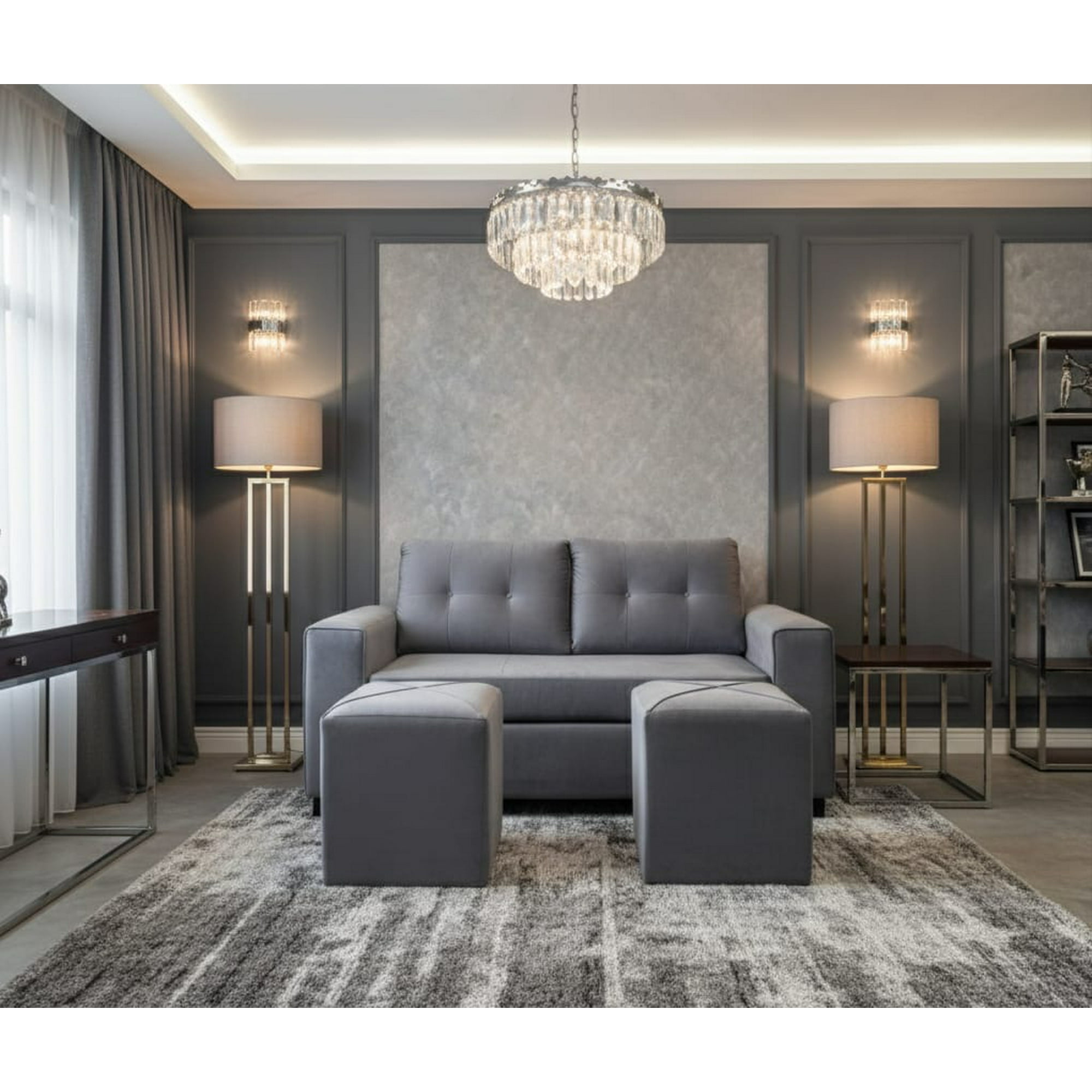 Mueblesjd - Sofá Cataluña + 2 Puff Felpa Gris