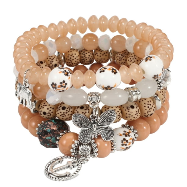 Unique Bohemian Layered Beaded Bracelet - Elephant, Anchor & Butterfly Shaped Pendant - Stretchable & Stackable - Perfect for Summer Beach & Unisex Accessories