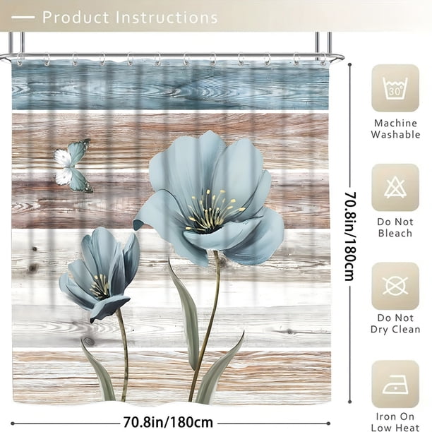 1pc Modern Wooden Shower Curtain and Floor Mat Set with 12 Hooks - Perfect for Bathroom Decoration and Organization