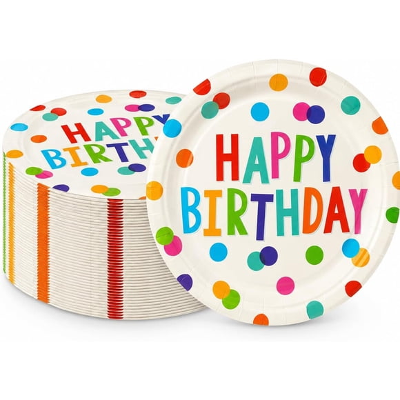 50 platos de papel para cumpleaños, 7 pulgadas, diseño de puntos coloridos