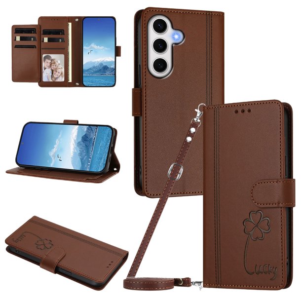 Funda Cartera Trébol para Samsung Galaxy S24 FE con Ranuras Tarjetas y Carga Inalámbrica Marrón