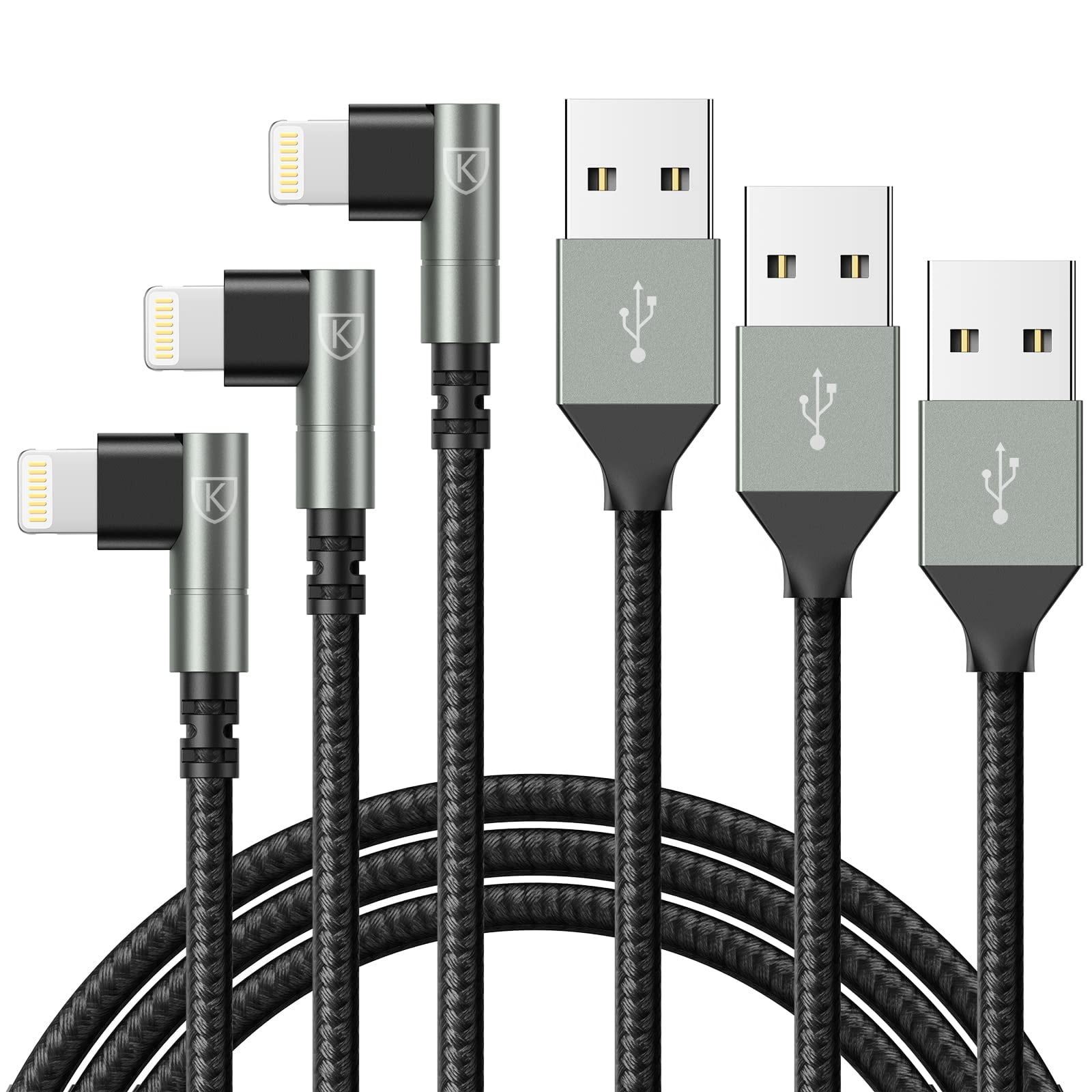 Cable De Carga Kiyoda, 90 Grados, Iphone, 6 Pies, Paquete De 3 Unidades, Nailon Negro