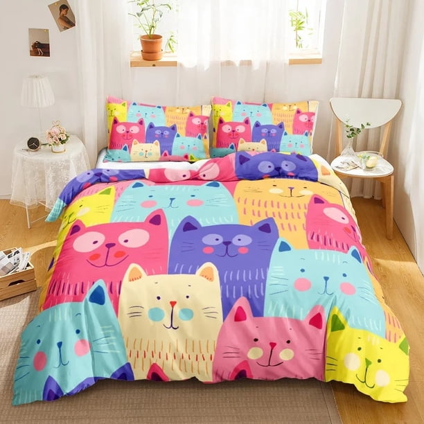 Cartoon Cat Bedding Set for Boys and Girls Duvet Cover Comforter Bed Set Quilt Cover Pillowcase Cute