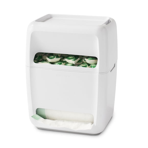 Dispensador de bolsas y cápsulas SinkSuite YouCopia, blanco con tapas extraíbles