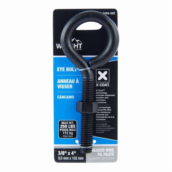 Eyebolt Wright, acero negro, 3/8 pulgadas x 4 pulgadas con tuerca, 250 libras