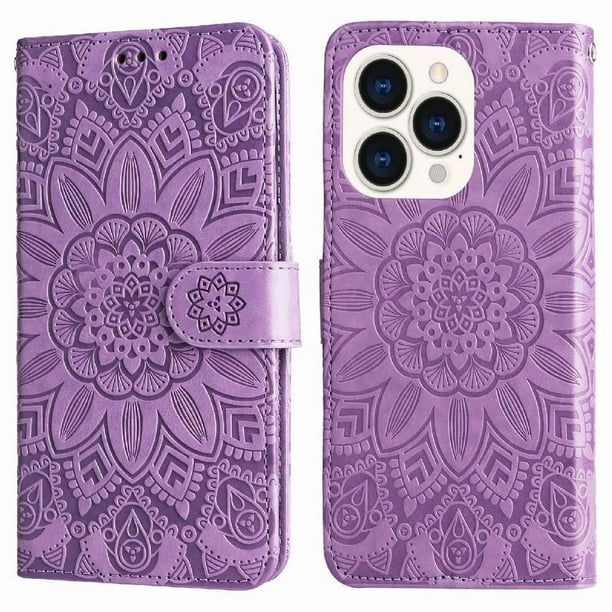 Funda tipo cartera FOXDOCK para iPhone 14 Pro , diseño girasol en relieve, cuero PU, cierre magnético, soporte y tarjetero