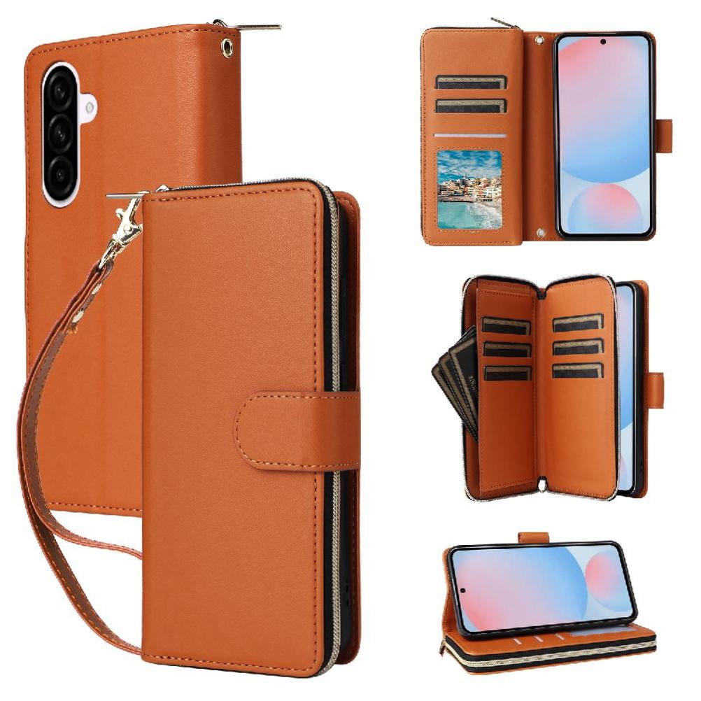 Foxdock - Funda Cartera Con Cremallera Y Correa Para Samsung Galaxy A56 Soporte Y Tarjetero Marrón