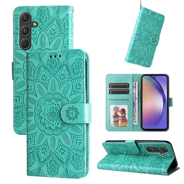 Funda tipo cartera FOXDOCK para Samsung Galaxy A55 , diseño girasol en relieve, cuero PU, cierre magnético, soporte y tarjetero