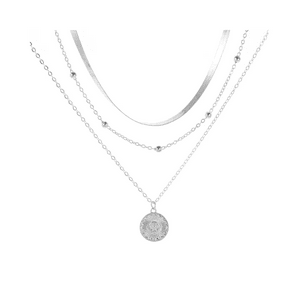 Fershop - Collar Acero Plateado 3 Capas Con Colgante Circular