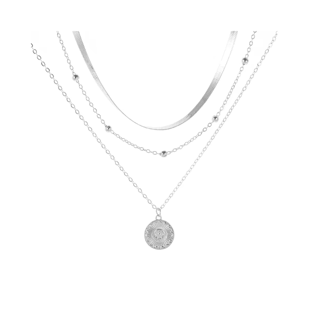 Fershop - Collar Acero Plateado 3 Capas Con Colgante Circular